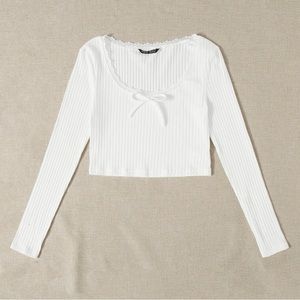 Lace Trim White Ribbed Knit Top